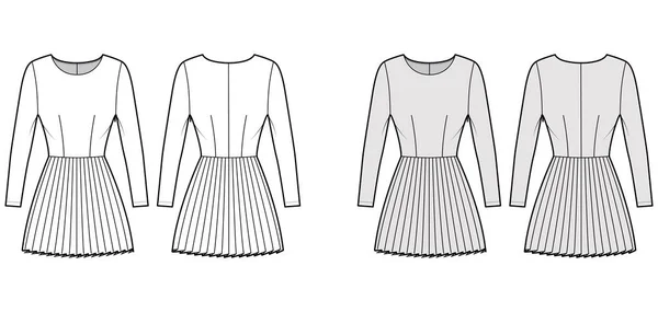 Φόρεμα πλισέ τεχνική εικόνα μόδας με μακριά μανίκια, εξοπλισμένο σώμα, μίνι φούστα μήκος. Επίπεδη εμφάνιση — Διανυσματικό Αρχείο
