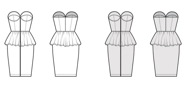 Zip-up peplum bustier klänning teknisk mode illustration med remlös, koppar, monterad kropp, knälängd kjol. Platt — Stock vektor