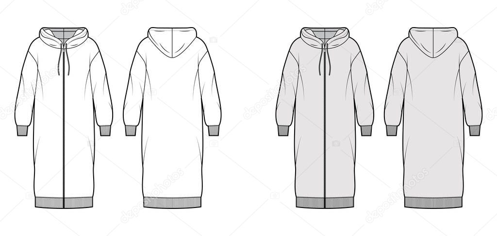 Dress zip-up hoody technical fashion illustration with long sleeves, rib cuff oversized body, knee length skirt. Flat