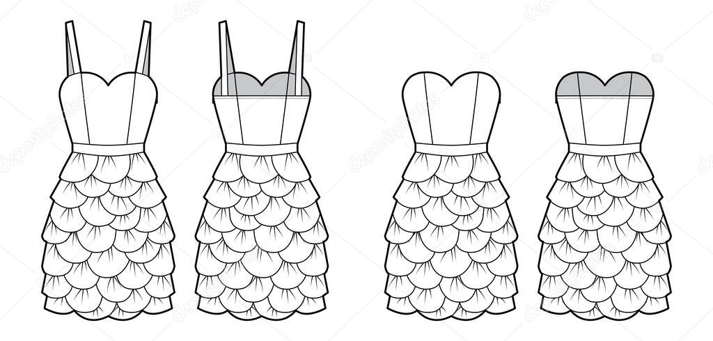 Set of Dresses petal chemise technical fashion illustration with thin straps strapless, sleeveless, fitted body, knee