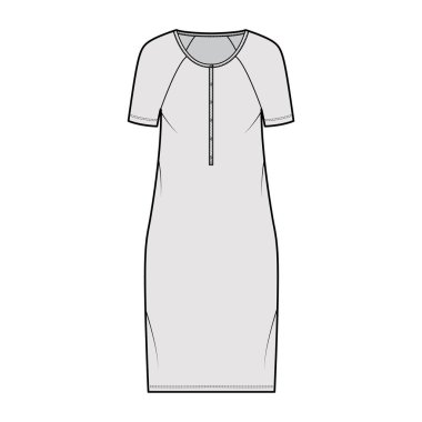 Henley yakalı teknik tasma kısa paçavra kollu, büyük beden, diz boyu kalem etekli.