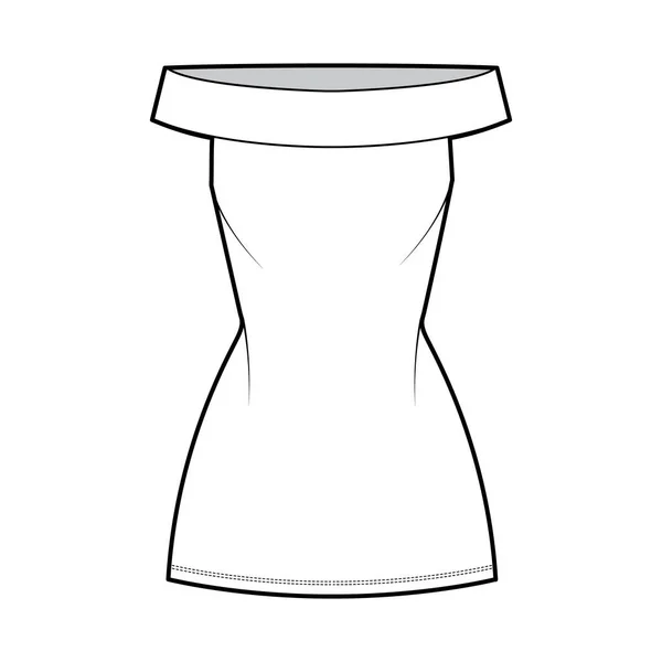 Φόρεμα off-the-shoulder Bardot τεχνική απεικόνιση μόδας με αμάνικο, εξοπλισμένο σώμα, μίνι μήκος φούστα μολύβι Flat — Διανυσματικό Αρχείο
