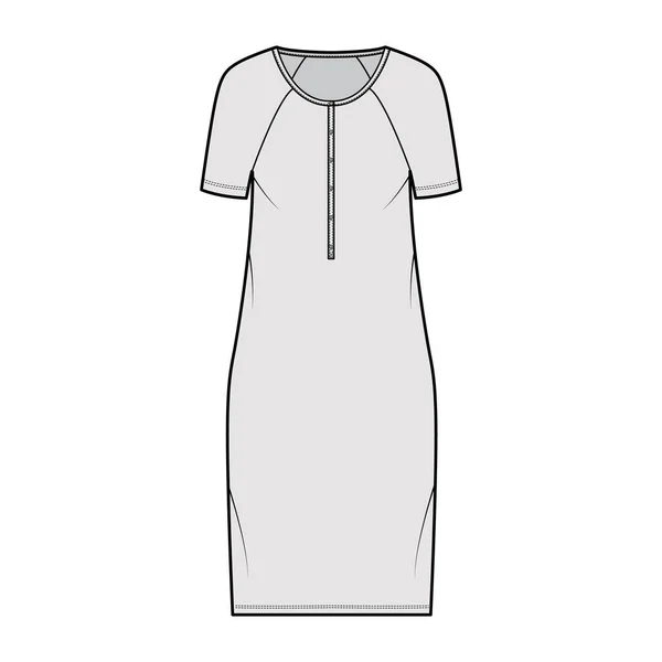 Šaty henley límec technické módní ilustrace s krátkými raglánovými rukávy, nadrozměrné tělo, délka kolena tužka sukně — Stockový vektor