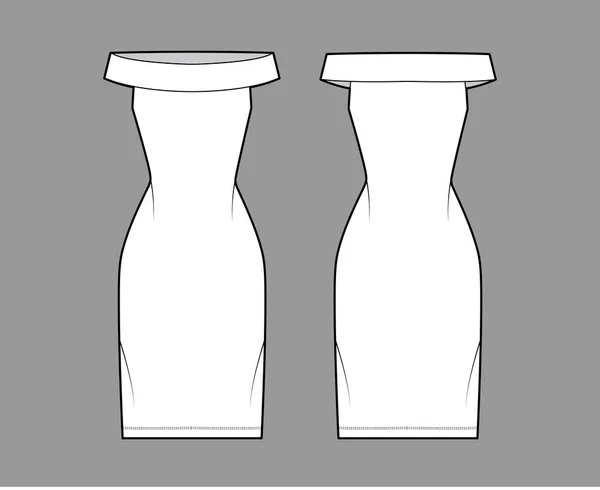 Šaty off-the-rameno Bardot technické módní ilustrace s rukávem, montované tělo, po kolena tužka sukně — Stockový vektor