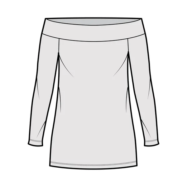 Abito off-the-spalla Bardot illustrazione tecnica di moda con maniche lunghe, corpo sovradimensionato, matita mini lunghezza — Vettoriale Stock