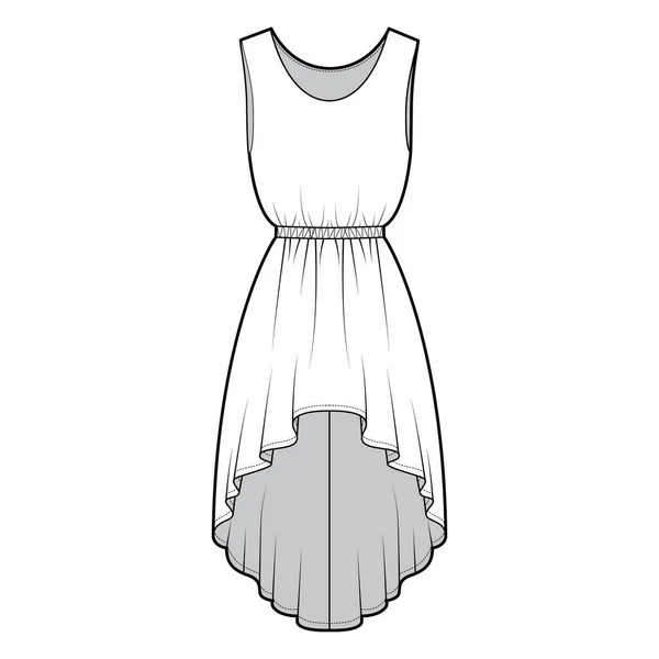 Платье высокой-низкой технической моды иллюстрации с без рукавов, крупногабаритное тело, естественная эластичная талия, круглая юбка — стоковый вектор