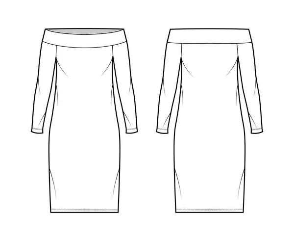 Vestido off-the-ombro Bardot ilustração de moda técnica com mangas compridas, corpo de grandes dimensões, lápis de comprimento do joelho —  Vetores de Stock