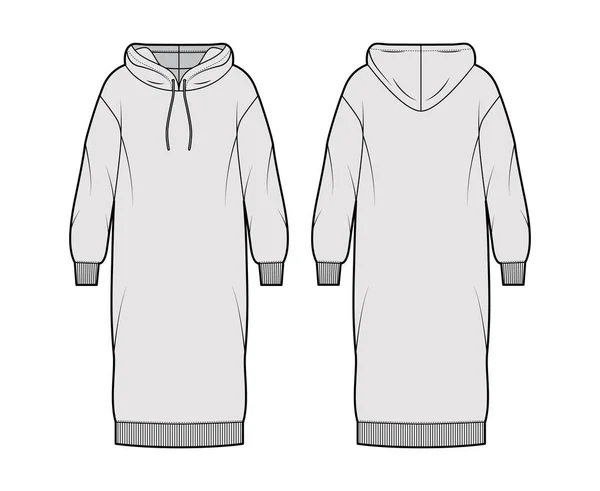 Φόρεμα hoody τεχνική εικόνα μόδας με μακριά μανίκια, πλευρά cuff oversized σώμα, γόνατο φούστα μήκος. Επίπεδη ένδυση — Διανυσματικό Αρχείο