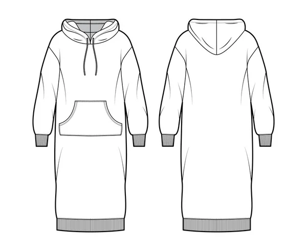 Klänning hoody teknisk mode illustration med långa ärmar, känguru påse, ribba manschett överdimensionerad kropp, knälängd kjol — Stock vektor