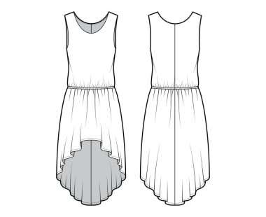 Kolsuz, büyük beden, düşük bel, dairesel etek, yüksek-alçak teknik moda illüstrasyonu