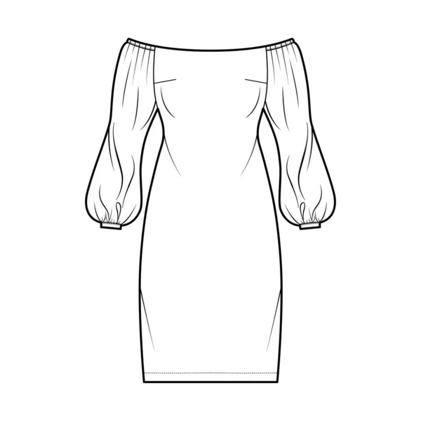 Vestido off-the-ombro Bardot ilustração de moda técnica com mangas de sopro longo, equipado, saia de lápis de comprimento do joelho — Vetor de Stock