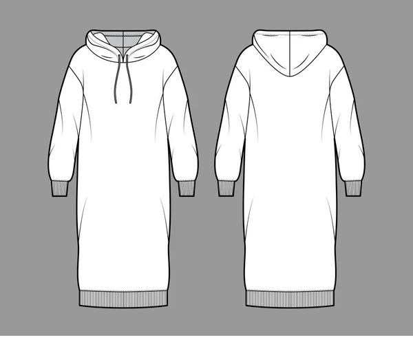 Robe à capuche technique illustration de mode avec manches longues, poignets côtelés oversize corps, jupe longueur genou. Vêtements plats — Image vectorielle