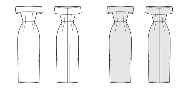 Платье с плеча Bardot техническая мода иллюстрация с рукавом, оснащенный пол корпуса макс. длиной карандаша юбка — стоковый вектор