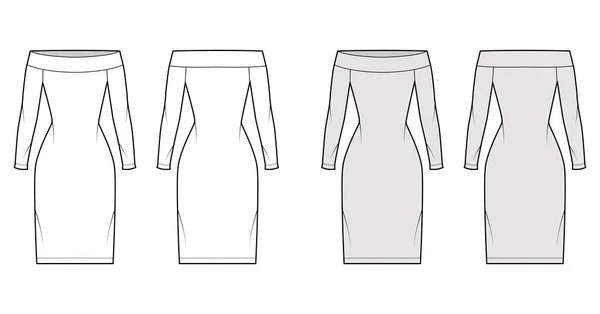 Vestido off-the-ombro Bardot ilustração de moda técnica com mangas compridas, corpo equipado, saia de lápis de comprimento do joelho — Vetor de Stock