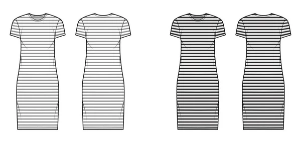 Klänning sjöman teknisk mode illustration med ränder, korta ärmar, överdimensionerad kropp, knälängd penna kjol. Platt — Stock vektor