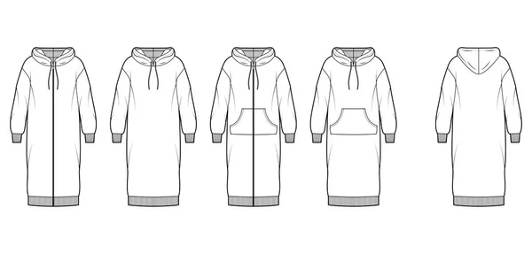 Sada šaty zip-up hoody technické módní ilustrace s dlouhým rukávem, klokaní váček, žebra manžety, kolena délka sukně — Stockový vektor
