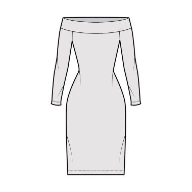 Omuzdan uzak giyin Bardot teknik moda illüstrasyonları uzun kollu, vücuduna uygun, diz boyu kalem etekli