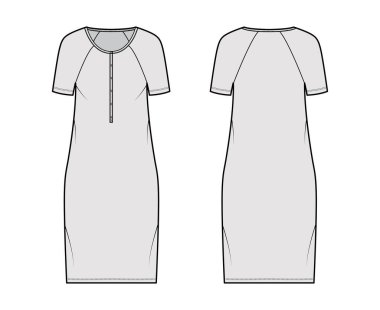 Henley yakalı teknik tasma kısa paçavra kollu, büyük beden, diz boyu kalem etekli.