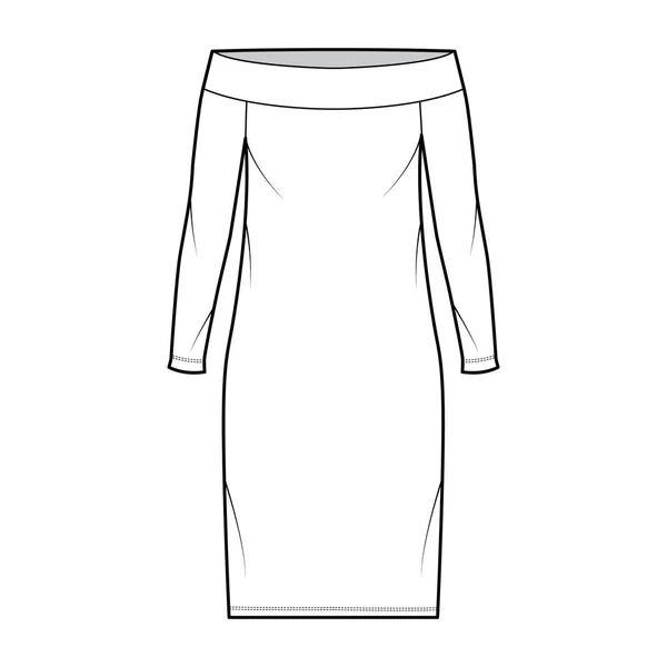 Sukienka off-the-shoulder Bardot ilustracja moda techniczna z długimi rękawami, przerośnięty korpus, długość kolana ołówek — Wektor stockowy