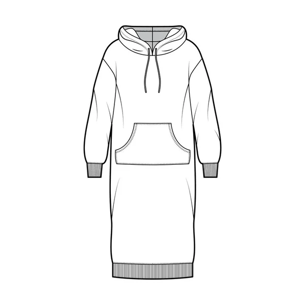 Vestido con capucha ilustración técnica de moda con mangas largas, bolsa de canguro, puño de costilla cuerpo de gran tamaño, falda de longitud de rodilla — Vector de stock