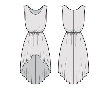 Kolsuz, büyük beden, doğal elastik bel ölçüsü, dairesel eteği olan yüksek-alçak teknik moda çizimi.