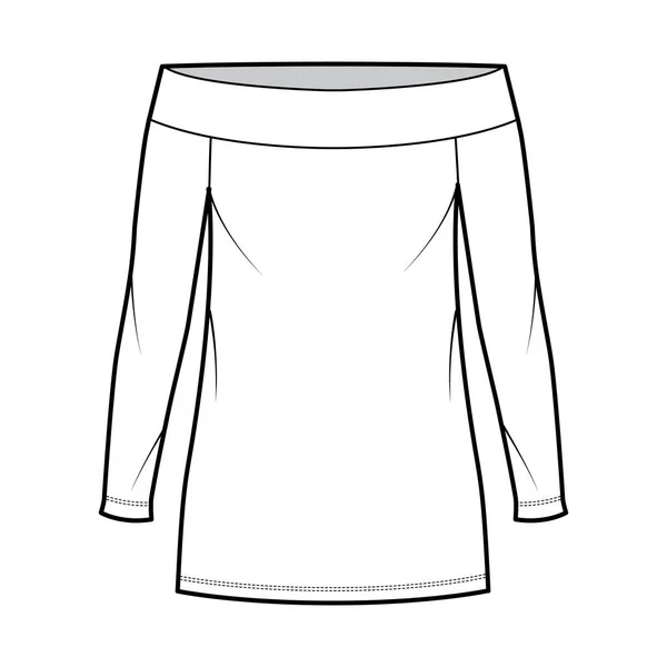 Klänning off-the-shoulder Bardot teknisk mode illustration med långa ärmar, överdimensionerad kropp, mini längd penna — Stock vektor