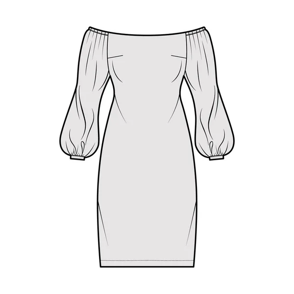 Платье с плеча Bardot техническая мода иллюстрация с длинными слоеными рукавами, оснащены, карандашом длиной до колен юбка — стоковый вектор