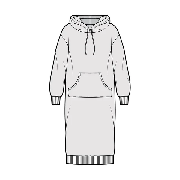 Vestido con capucha ilustración técnica de moda con mangas largas, bolsa de canguro, puño de costilla cuerpo de gran tamaño, falda de longitud de rodilla — Archivo Imágenes Vectoriales