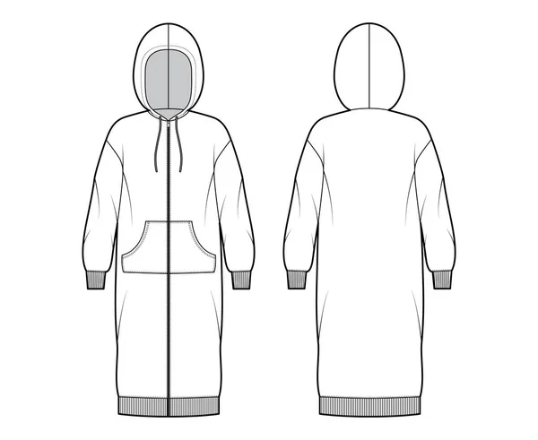 Jurk zip-up hoody technische mode illustratie met lange mouwen, kangoeroe zak, rib manchet oversized, knie rok — Stockvector