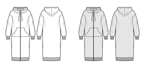 Jurk zip-up hoody technische mode illustratie met lange mouwen, kangoeroe zak, rib manchet oversized, knie rok — Stockvector