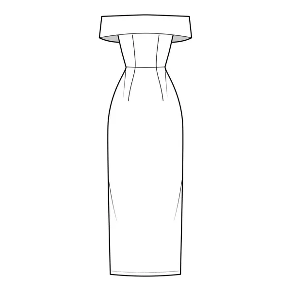 Sukienka off-the-shoulder Bardot ilustracja techniczna moda z rękawami, dopasowane ciało podłoga maxi długość ołówek spódnica — Wektor stockowy