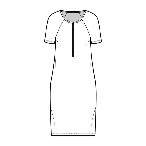 Robe col henley illustration de mode technique avec manches raglan courtes, corps surdimensionné, jupe crayon longueur genou — Image vectorielle