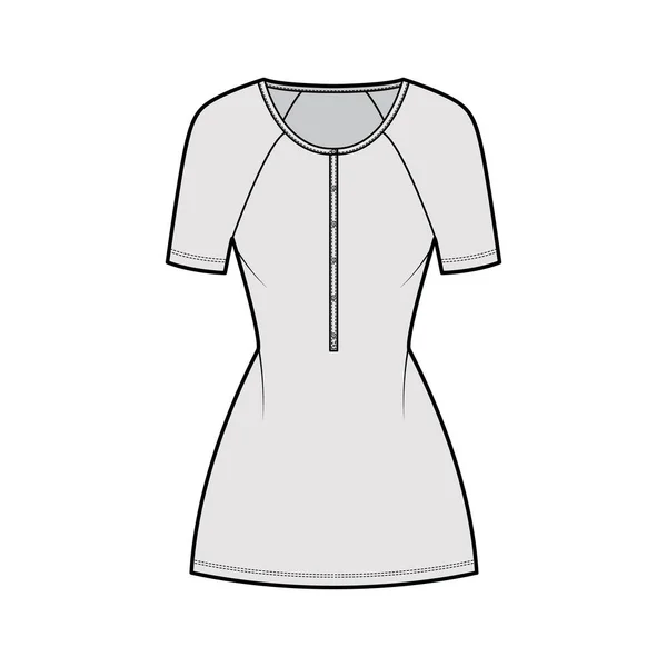 Dress henley collar technical fashion illustration with short raglan sleeves, fitted body, mini length pencil skirt Flat — Stock Vector