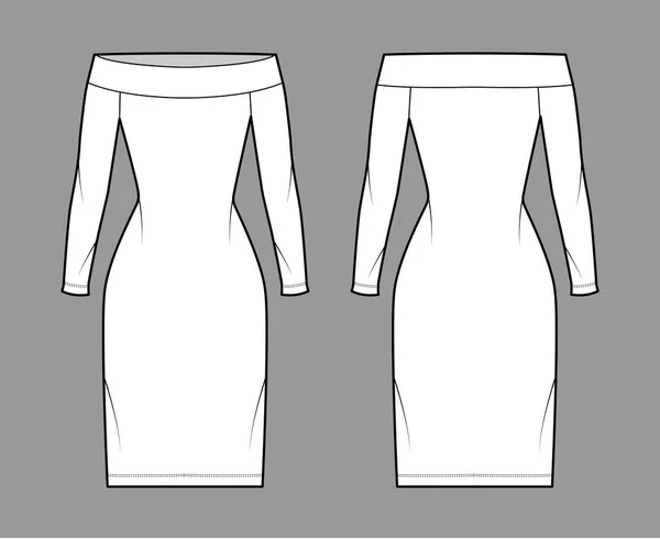 Vestido off-the-ombro Bardot ilustração de moda técnica com mangas compridas, corpo equipado, saia de lápis de comprimento do joelho —  Vetores de Stock