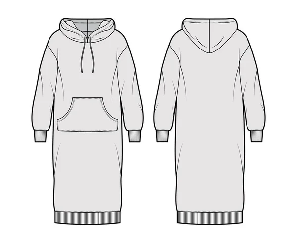 Klänning hoody teknisk mode illustration med långa ärmar, känguru påse, ribba manschett överdimensionerad kropp, knälängd kjol — Stock vektor