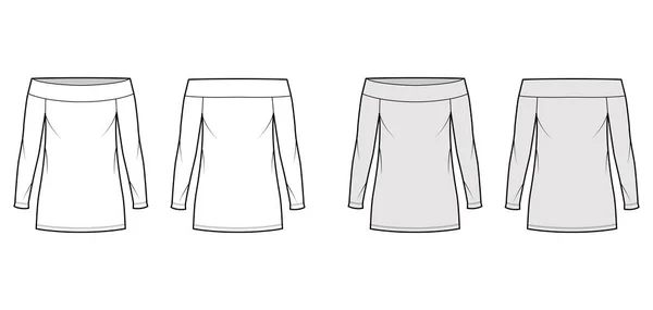 Vestido off-the-ombro Bardot ilustração de moda técnica com mangas compridas, corpo de grandes dimensões, mini lápis de comprimento —  Vetores de Stock
