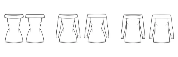Zestaw sukienek off-the-shoulder Bardot ilustracja moda techniczna z długim krótkim rękawem, kolano mini długości ołówek — Wektor stockowy
