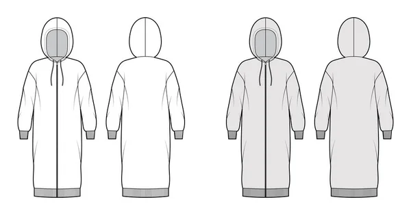 Vestido zip-up com capuz ilustração de moda técnica com mangas compridas, costela manguito corpo de grandes dimensões, saia de comprimento do joelho. Plano —  Vetores de Stock