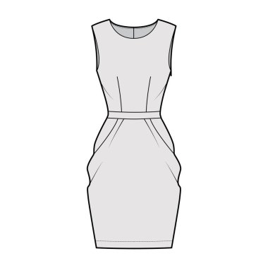 Lale giysisi teknik tasviri kolsuz, vücuduna uygun, diz boyu askılı kalem etekli. Düz giysi.