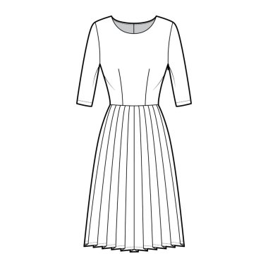 Plili teknik tasvirler, dirsek kollu, vücuduna uygun, diz boyu etekli. Düz giysi önü