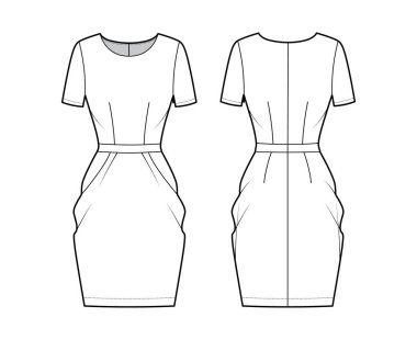 Lale teknik tasviri, kısa kollu, vücuduna göre ayarlanmış, diz boyu çivili kalem etekli.