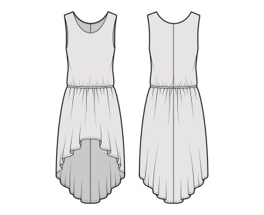 Kolsuz, büyük beden, düşük bel, dairesel etek, yüksek-alçak teknik moda illüstrasyonu