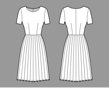 Pilili teknik moda illüstrasyonunu kısa kollu, vücuduna uygun, diz boyu etekli. Düz giysi önü