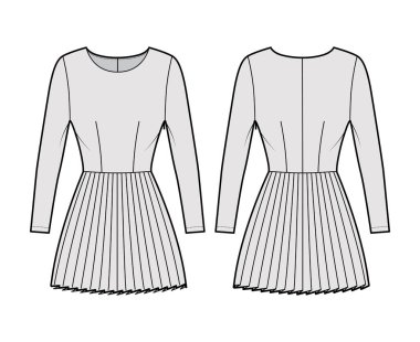 Uzun kollu, uzun vücutlu, mini etekli, pileli moda illüstrasyonu. Düz giysi önü