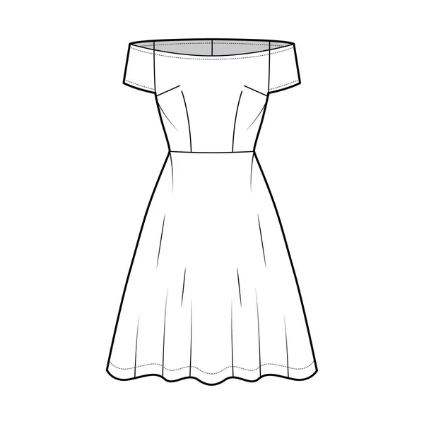 Ensemble de Robes off-shoulder Bardot illustration de mode technique avec manches courtes, jupe semi-circulaire longueur genou — Image vectorielle