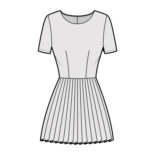 Šaty skládané technické módní ilustrace s krátkými rukávy, montované tělo, mini délka sukně. Ploché oblečení vpředu — Stockový vektor