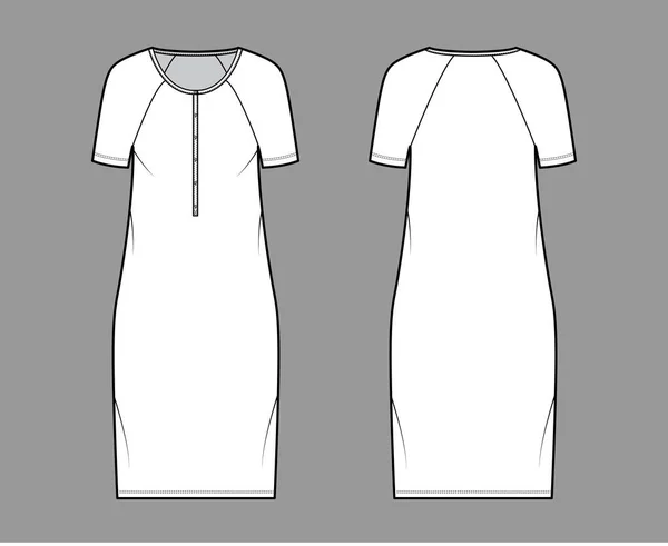 Dress henley collar technical fashion illustration with short raglan sleeves, oversized body, knee length pencil skirt — Stock Vector