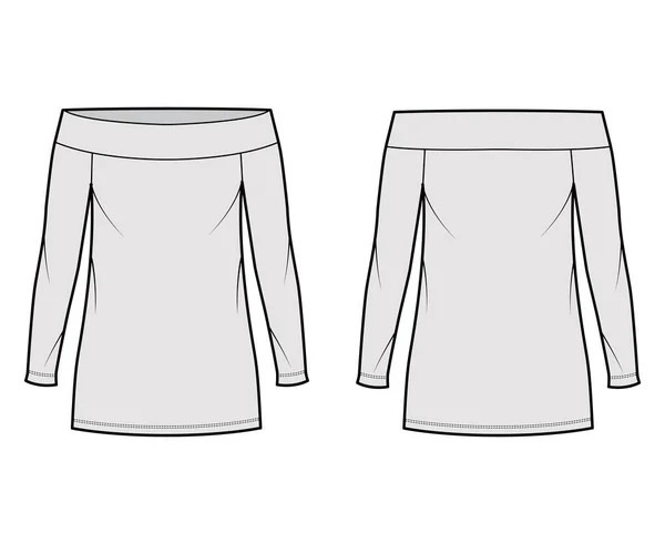 Klänning off-the-shoulder Bardot teknisk mode illustration med långa ärmar, överdimensionerad kropp, mini längd penna — Stock vektor