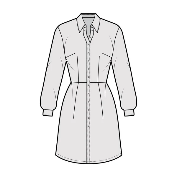Camisa de vestir ilustración técnica de moda con mangas largas, cuerpo ajustado, falda de lápiz de longitud de rodilla, cierre de botón — Vector de stock
