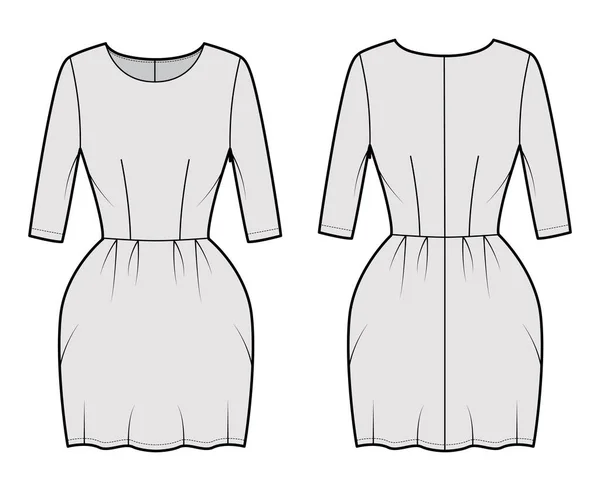 Jurk bel technische mode illustratie met elleboog mouwen, gemonteerd lichaam, mini lengte potlood rok. Platte kleding voorzijde — Stockvector